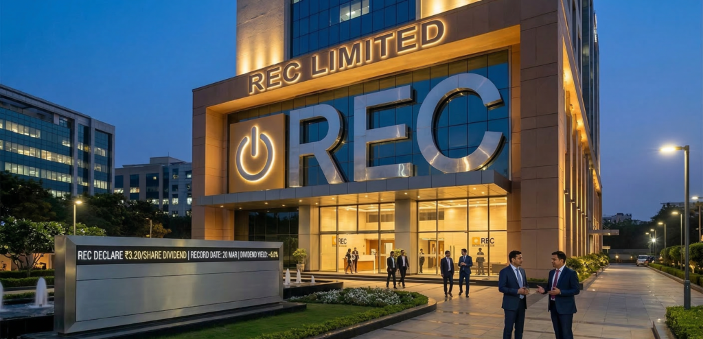 REC Limited headquarters showing ₹3.20 dividend announcement